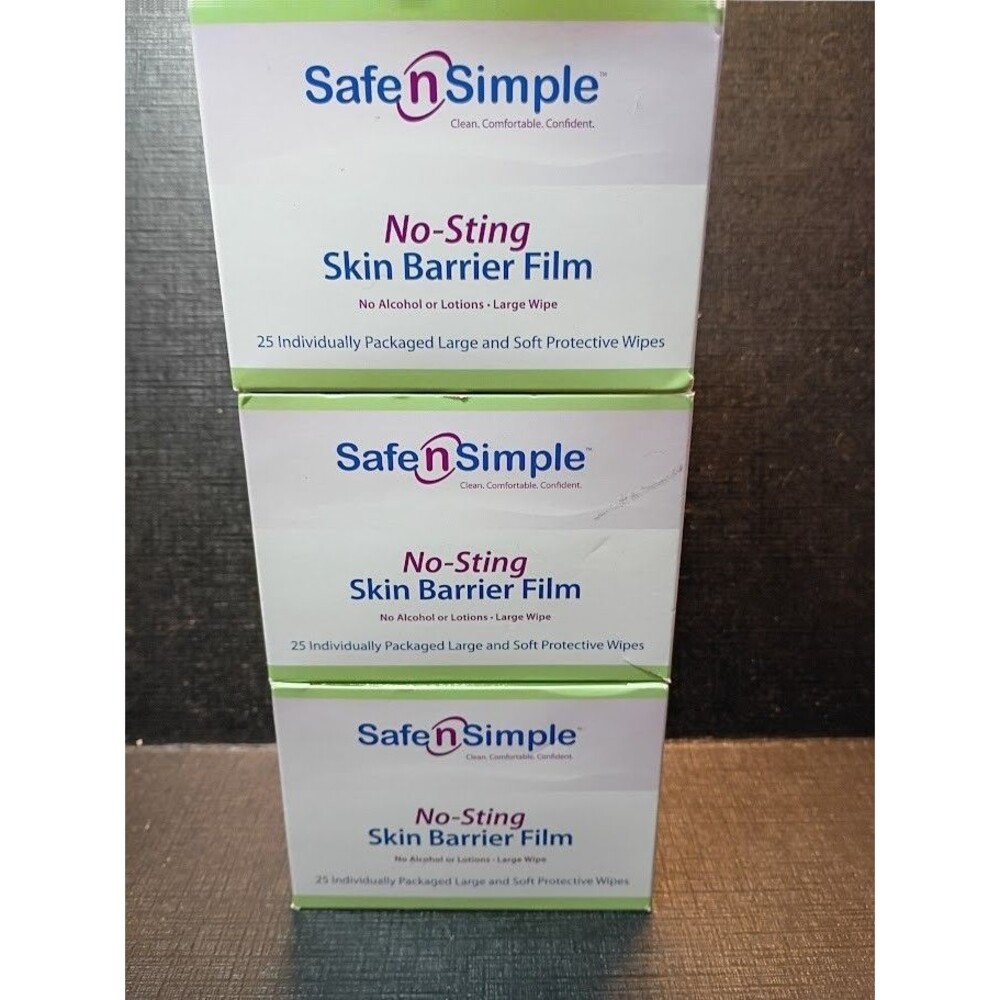 Lot of 3 NEW BOXES OF Safe N Simple No-Sting Skin Barrier Film 25 Wipes 07/01/27